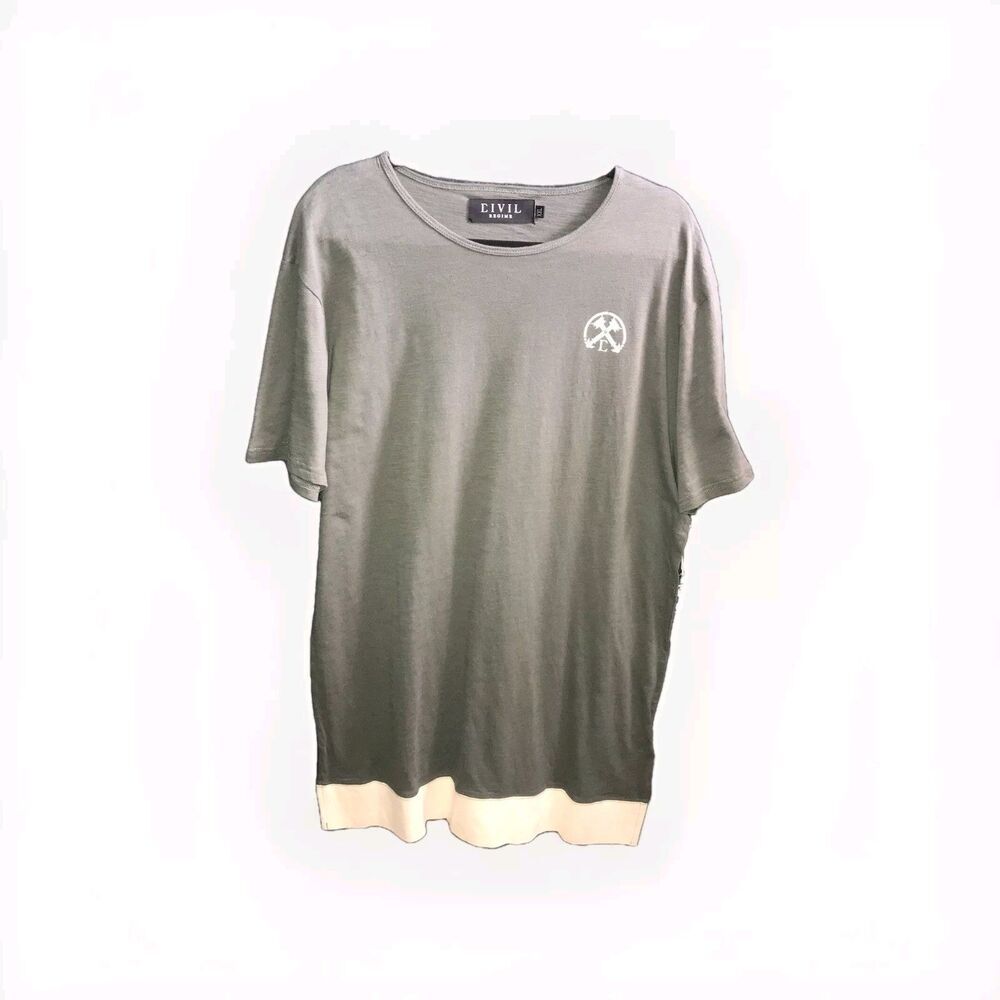 Civil Regime T-Shirt Men's‎ 2XL Long Green Beige Color Block Cotton Short Sleeve